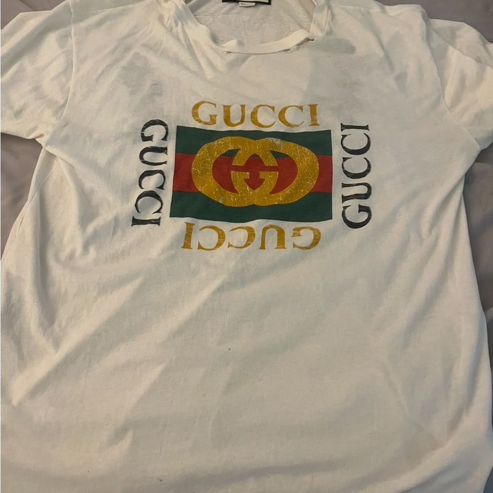 Gucci White Tee and white denim with Green-Red Stripe and Gold Logo